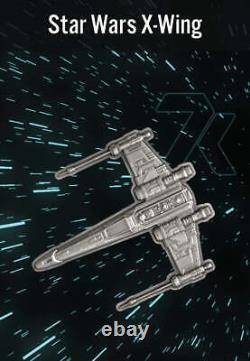 Pièce d'argent Star Wars X-Wing Fighter de 1 once, NGC MS70, 2022 Faible tirage de 2000 avec un certificat d'authenticité (COA).