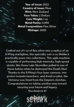 Pièce d'argent Star Wars X-Wing Fighter de 1 once, NGC MS70, 2022 Faible tirage de 2000 avec un certificat d'authenticité (COA).
